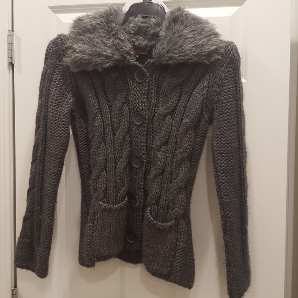 Cable knit, faux fur trimmed cardigan